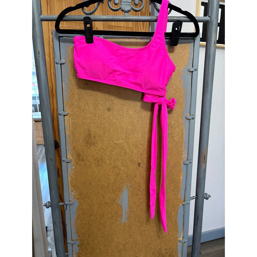 Blooming Jelly Neon Pink One Shoulder Side Tie Bikini Top Small Asymmetric Swim